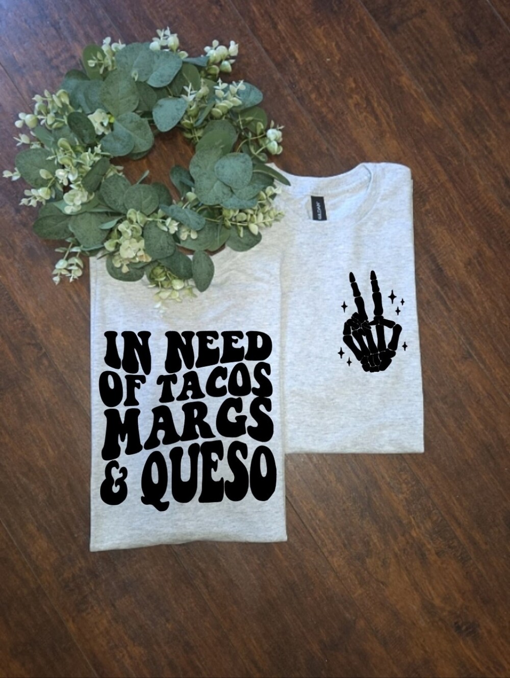Cute Womens Graphic Tee 'In Need of Tacos Margs & Queso' - Light Gray Trendy